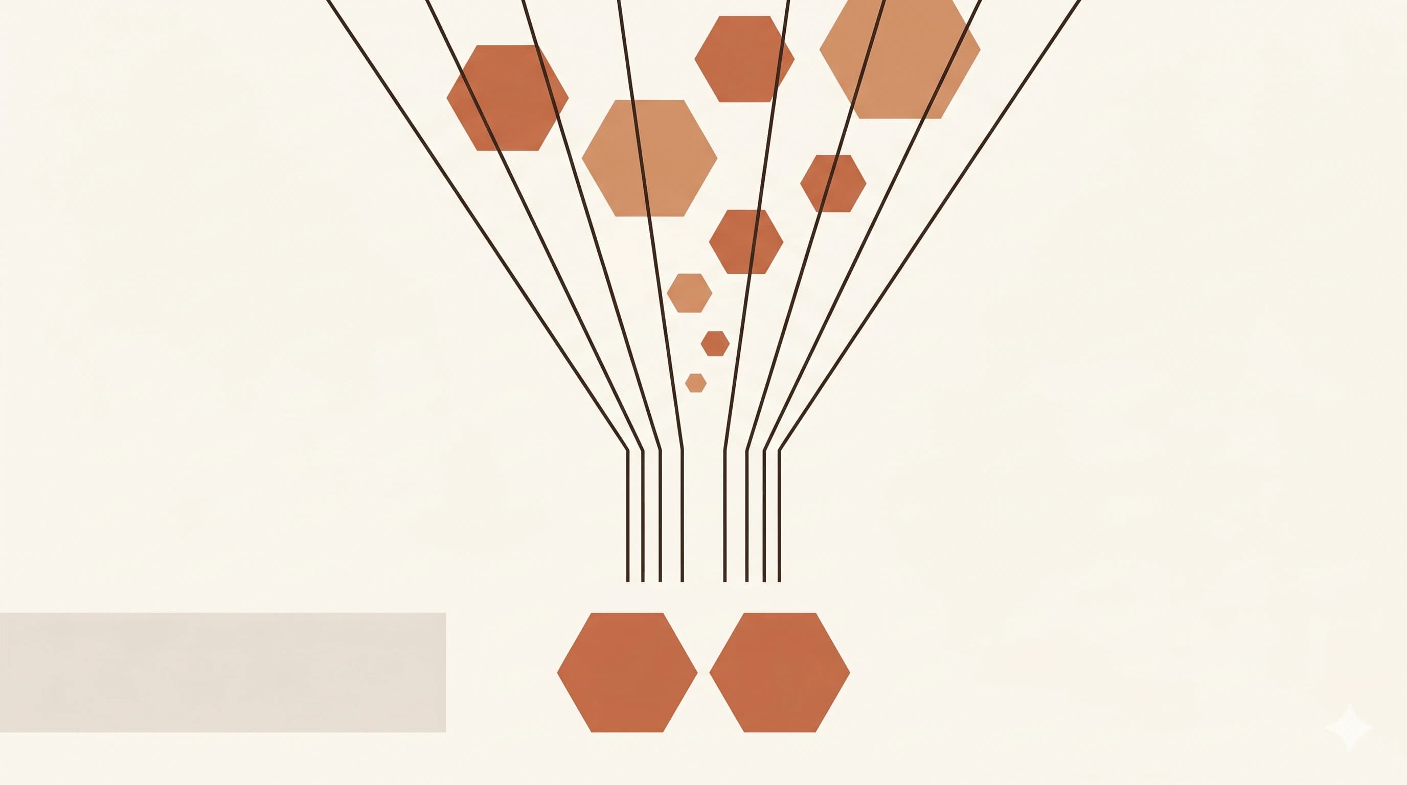 Ilustrasi konsep validasi ide bisnis sebagai funnel yang menyaring banyak ide menjadi sedikit ide yang teruji, dengan style Warm Tectonics